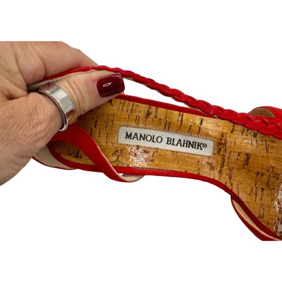 Manolo Blahnick Coral Red Suede Heeled Sandals - Size 8 - Picture 3 of 6